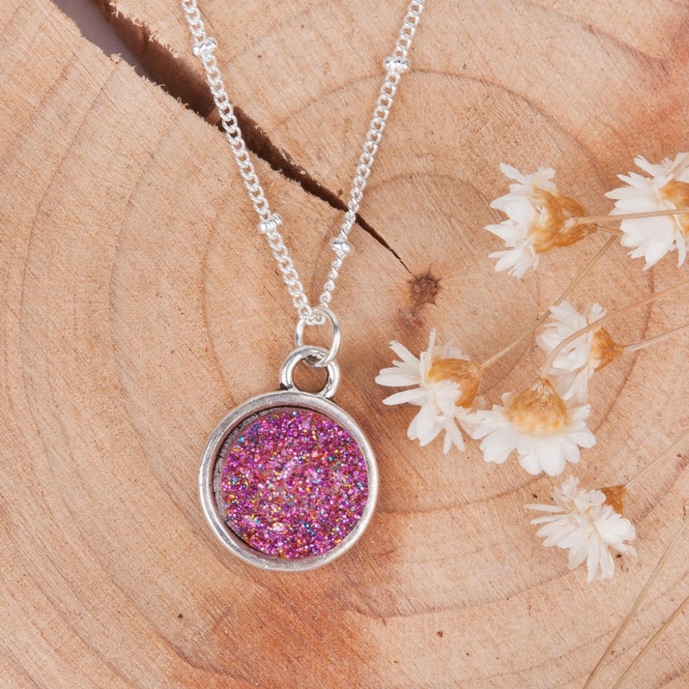 Drusy Purple Pink Silver Pendant Necklace